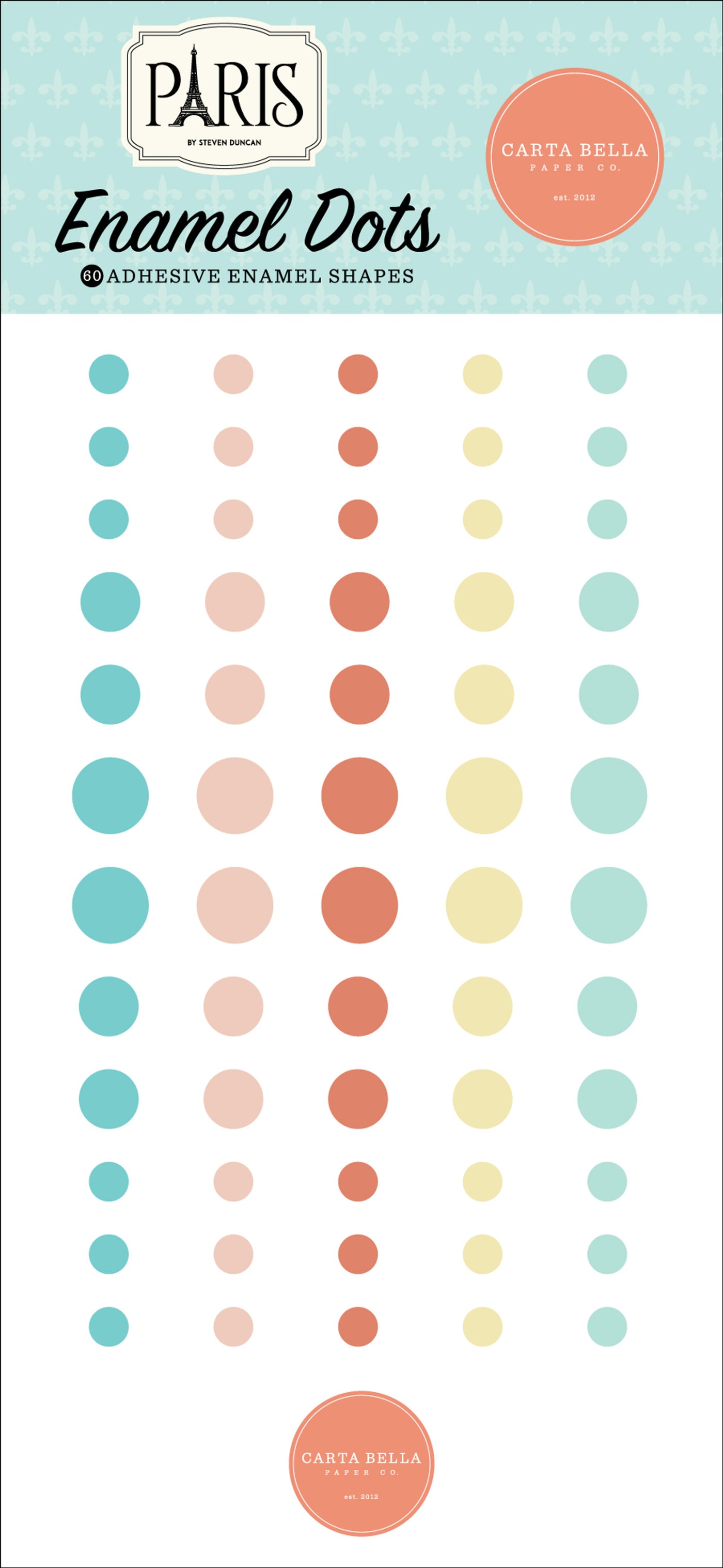 Packaging of Paris Enamel Dots with colorful dots on a white background