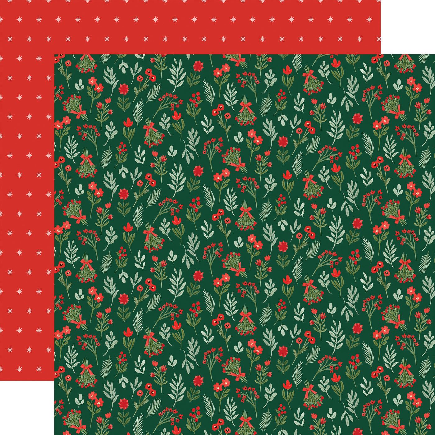 Christmas-themed paper with red and green floral pattern on a green background, red pattern reverse.