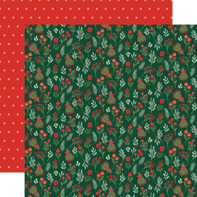 Christmas-themed paper with red and green floral pattern on a green background, red pattern reverse.