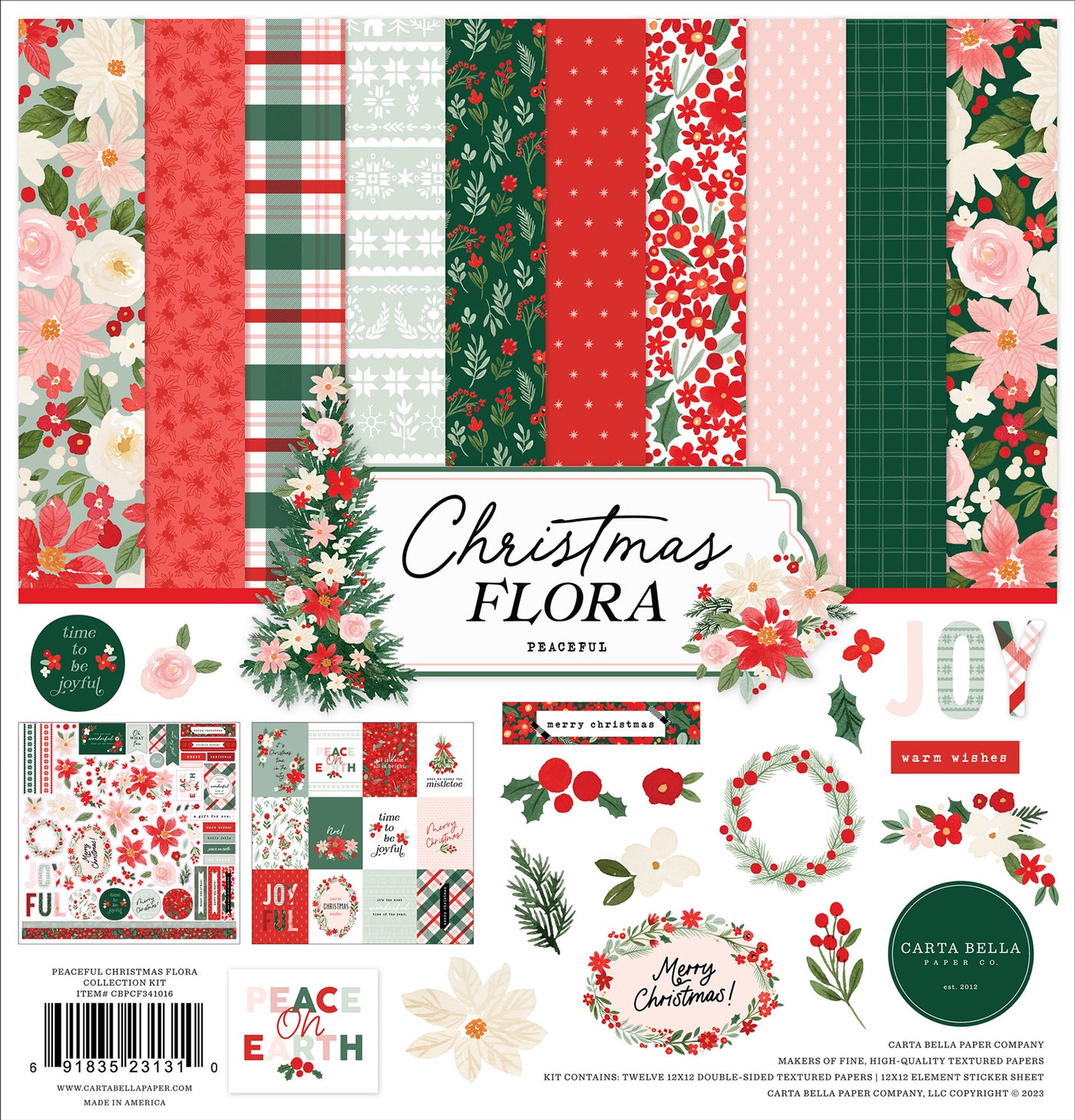 Collection Kit for paper crafts includes 12 double-sided papers with all the beautiful florals of Christmastime. Matching sticker elements sheet included.