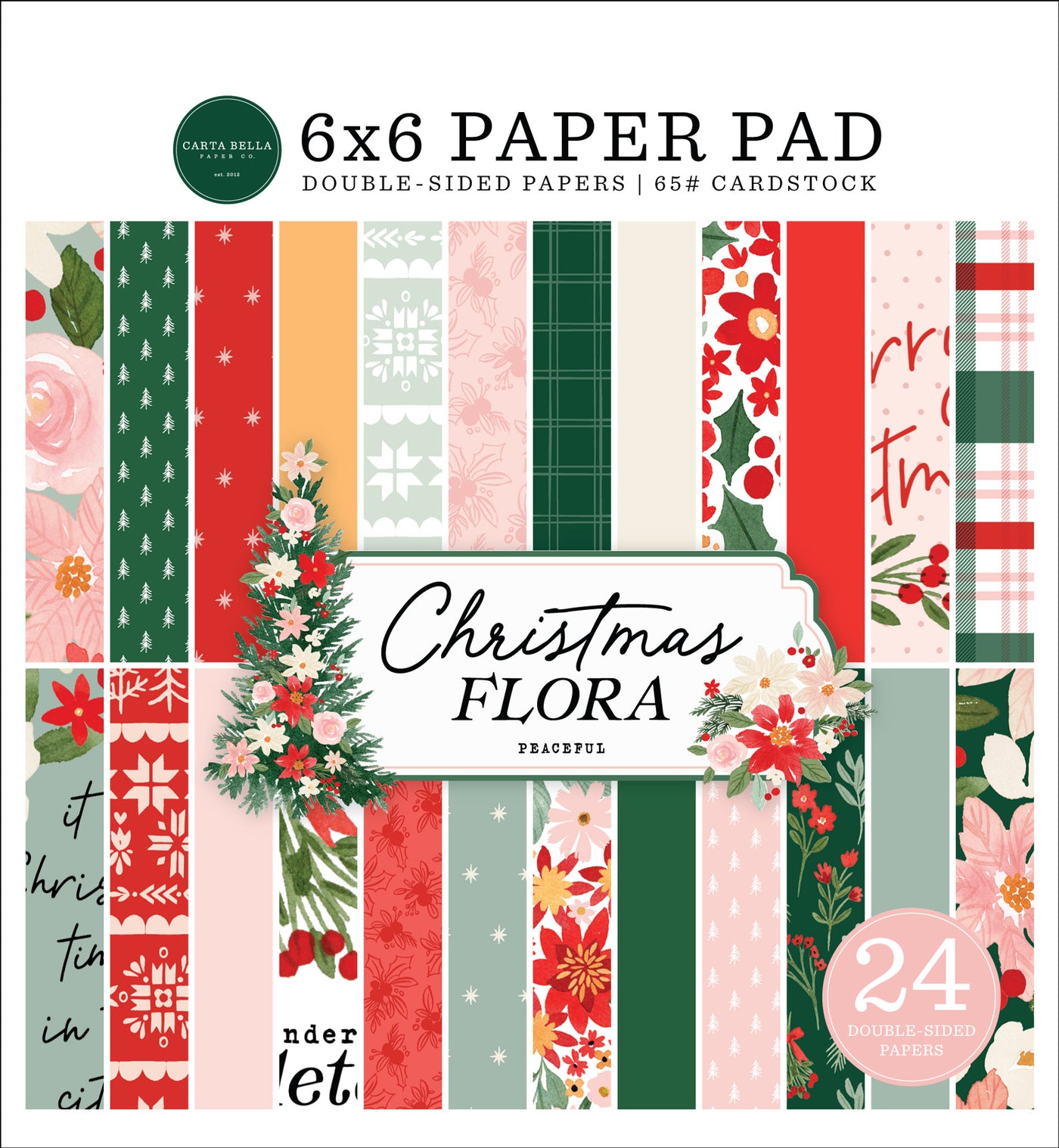 Christmas Flora is a 6x6 pad with 24 double-sided sheets. It is great for Christmas card making and other seasonal craft projects. It matches Carta Bella Merry Christmas Peaceful. 