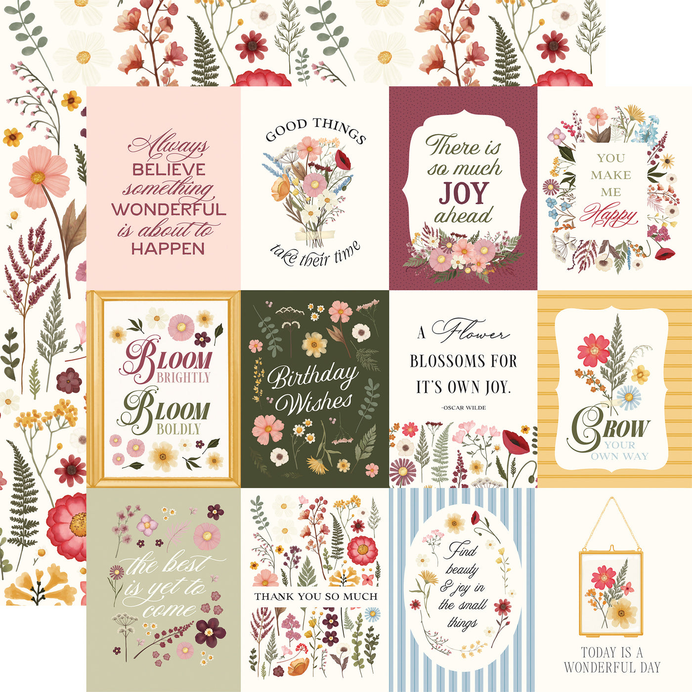 Collection of floral cards with motivational and inspirational quotes on a white background with floral pattern reverse.