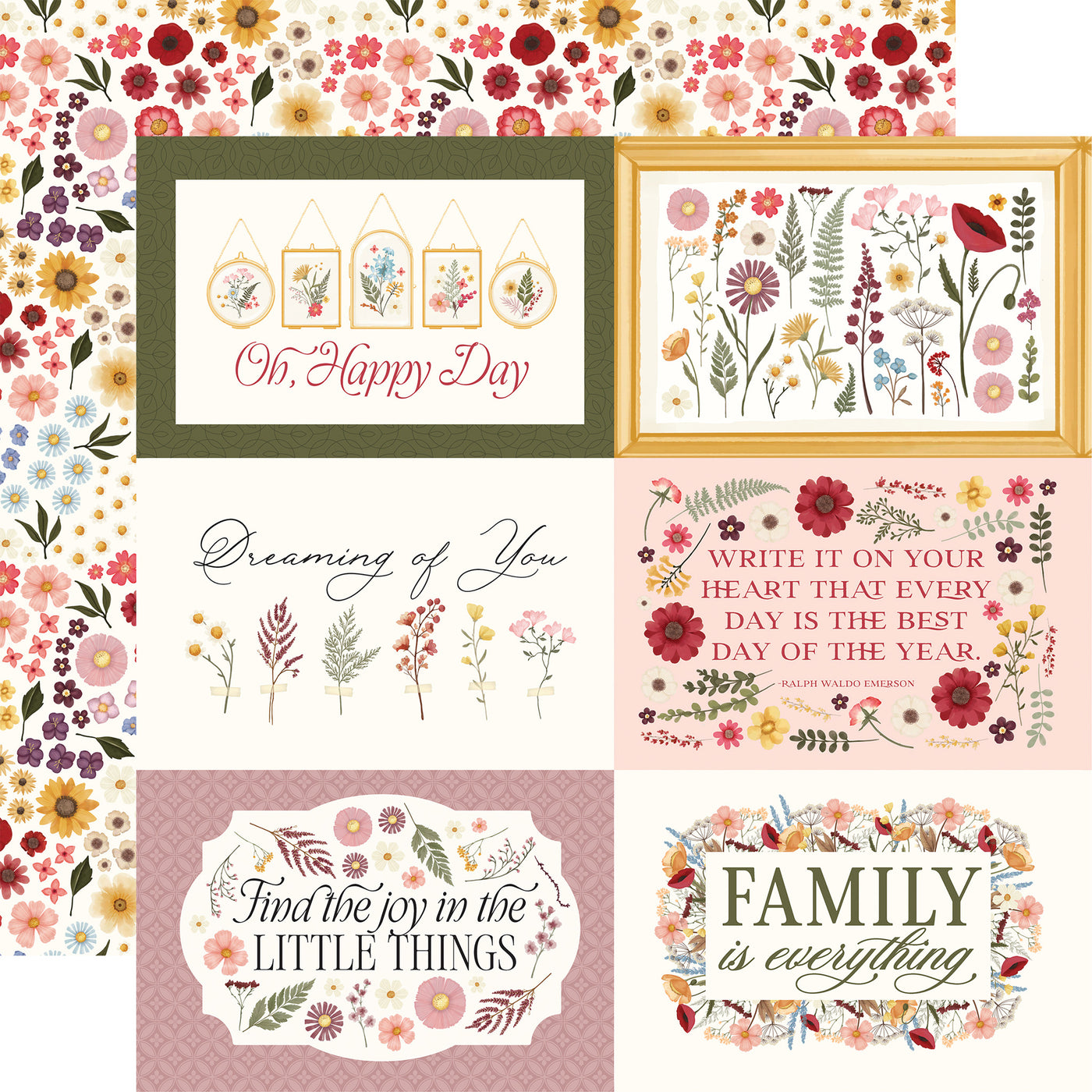 Collection of floral-themed prints with motivational phrases with a floral-patterned background reverse.