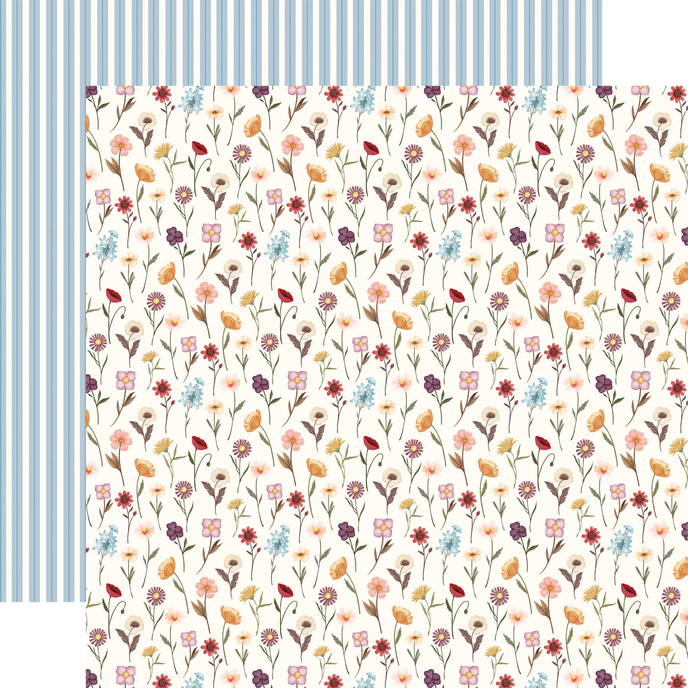 Floral-patterned paper with a blue striped pattern on the reverse.