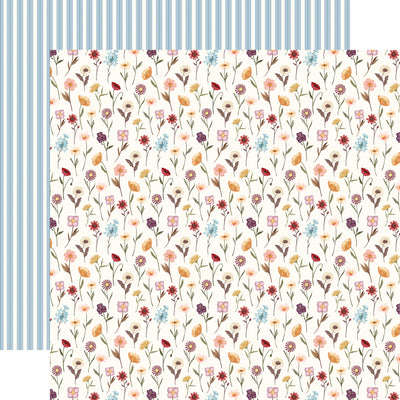 Floral-patterned paper with a blue striped pattern on the reverse.