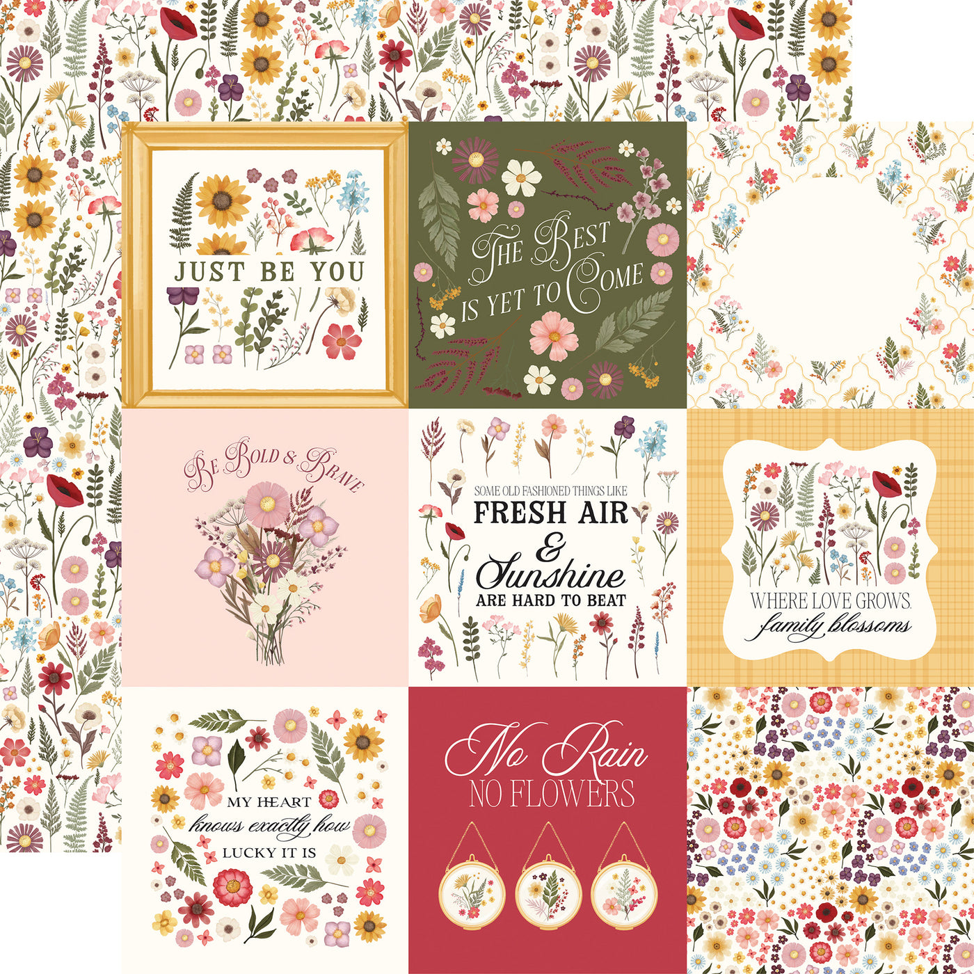 Collage of floral-themed cards with motivational phrases on a white background with a floral pattern reverse.