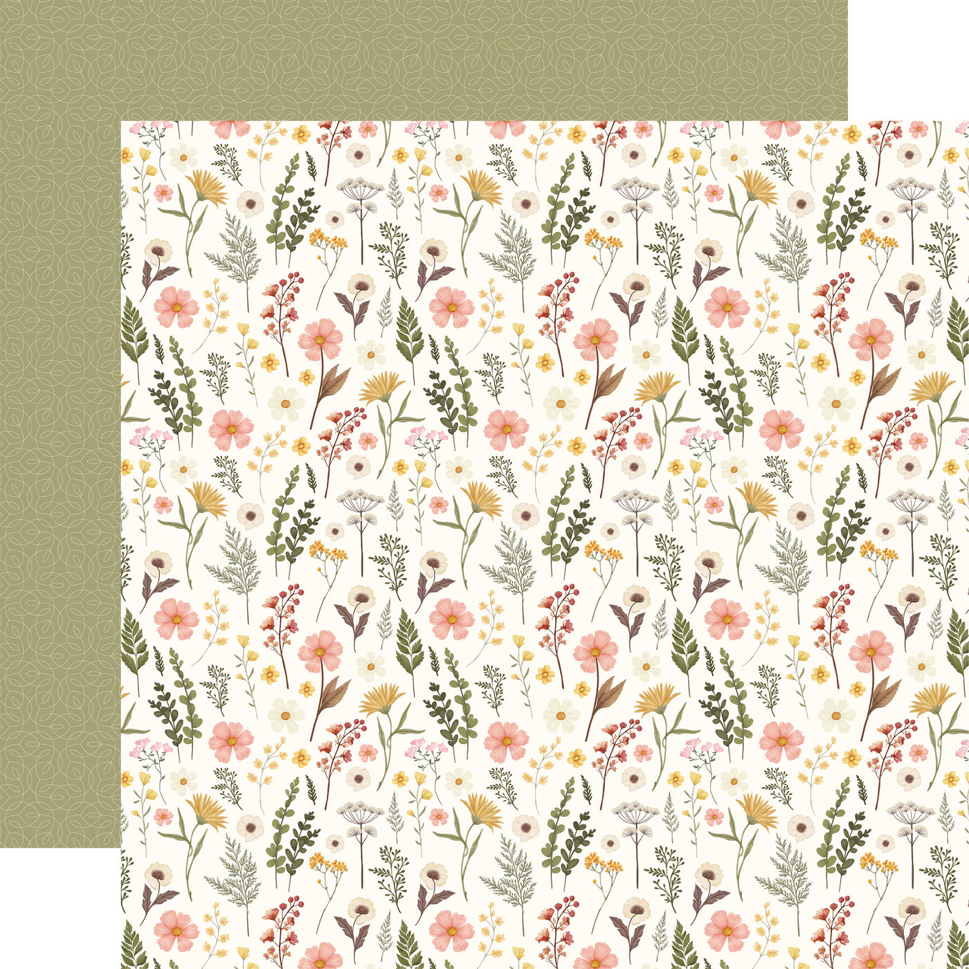 Patterned paper with floral and leaf design on a beige background, with sage green pattern reverse.