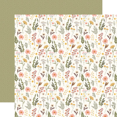 Patterned paper with floral and leaf design on a beige background, with sage green pattern reverse.