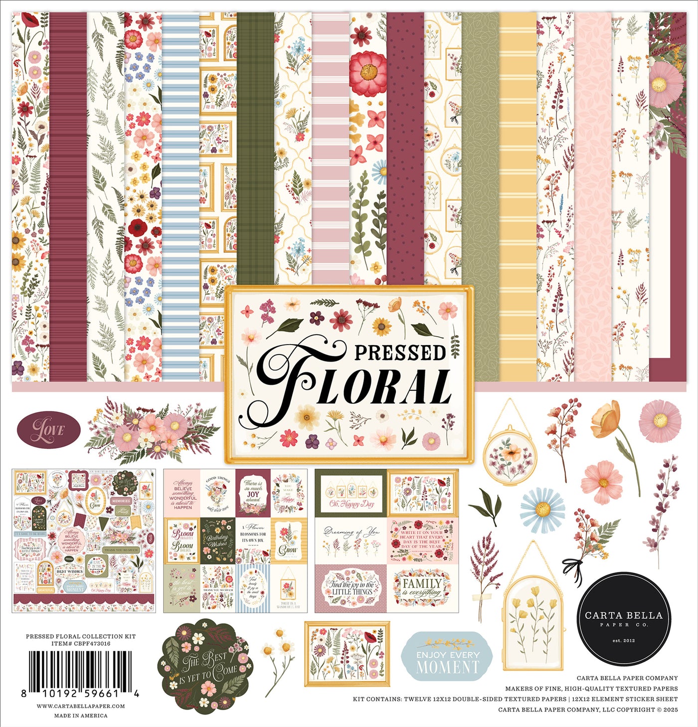 Collection of floral-themed paper strips and stickers with 'Pressed Floral' branding.