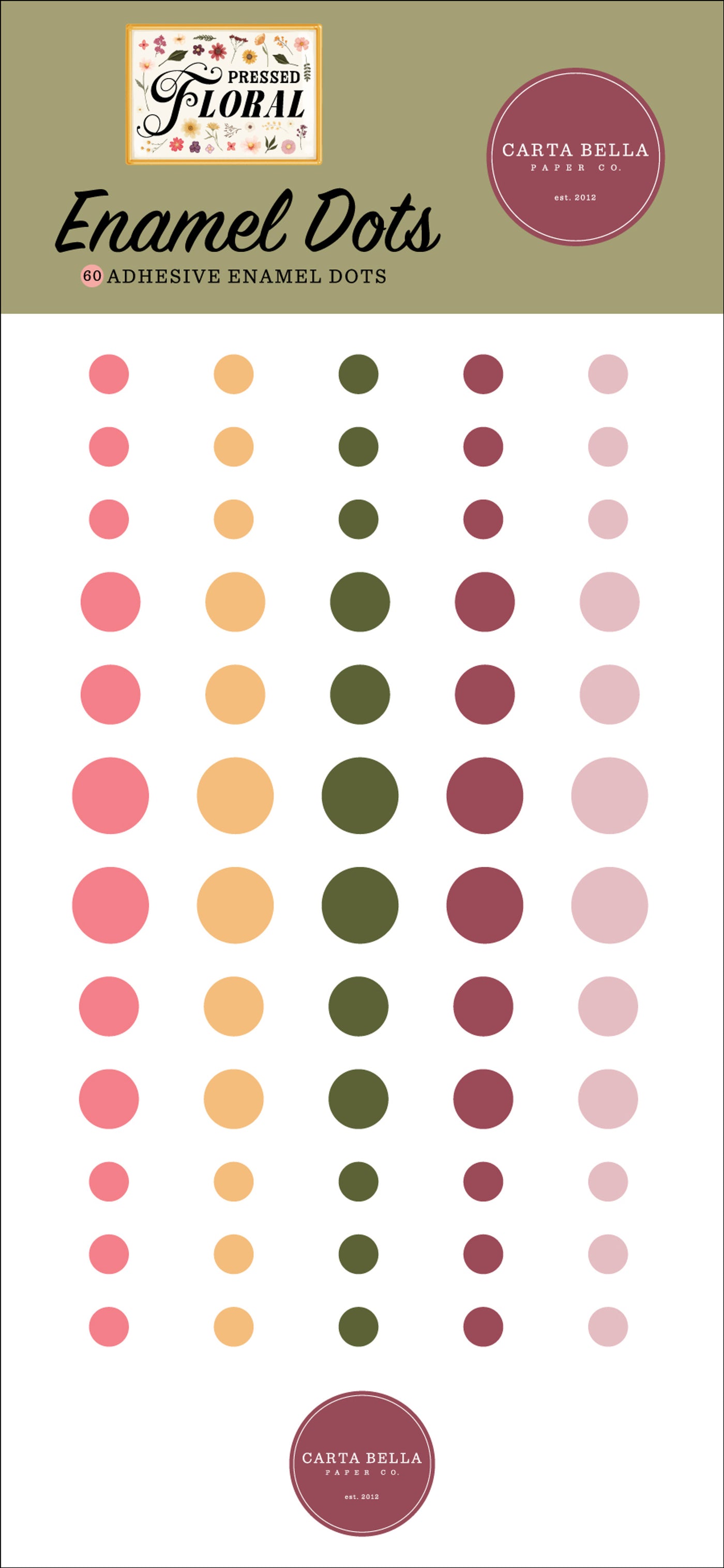Sheet of adhesive enamel dots with a variety of colors on a white background, featuring Carta Bella branding.