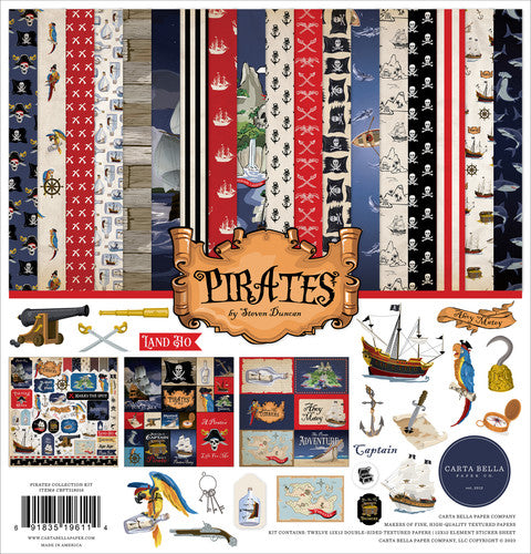 PIRATES, 12x12 Collection Kit from Carta Bella - Kit contains twelve 12x12 double-sided papers, including a cover plus a 12x12 element sticker. Fun themes and colors reminiscent of a pirate's life. Archival quality.