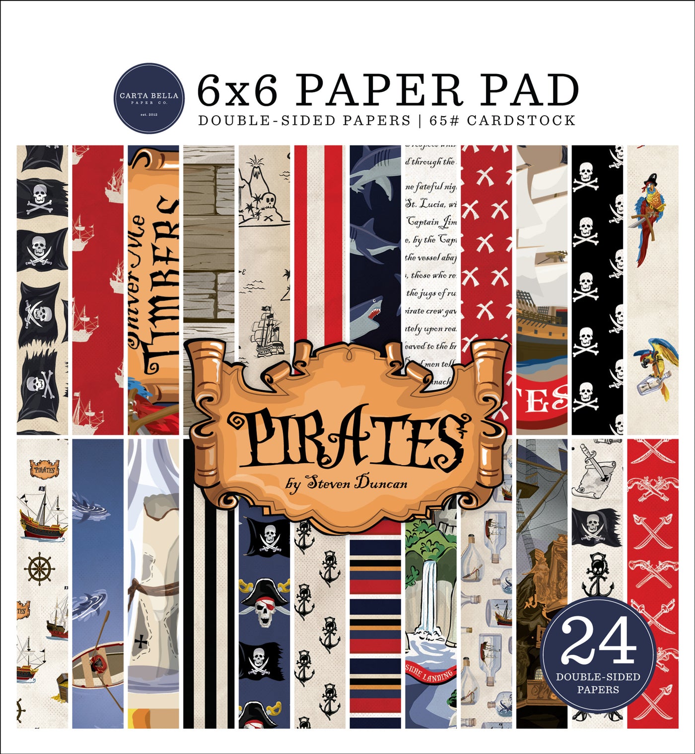 Versatile 6x6 pad with 24 double-sided sheets. Great for card making and pages. Tell the story of your pirate adventures. From Carta Bella Paper Co.