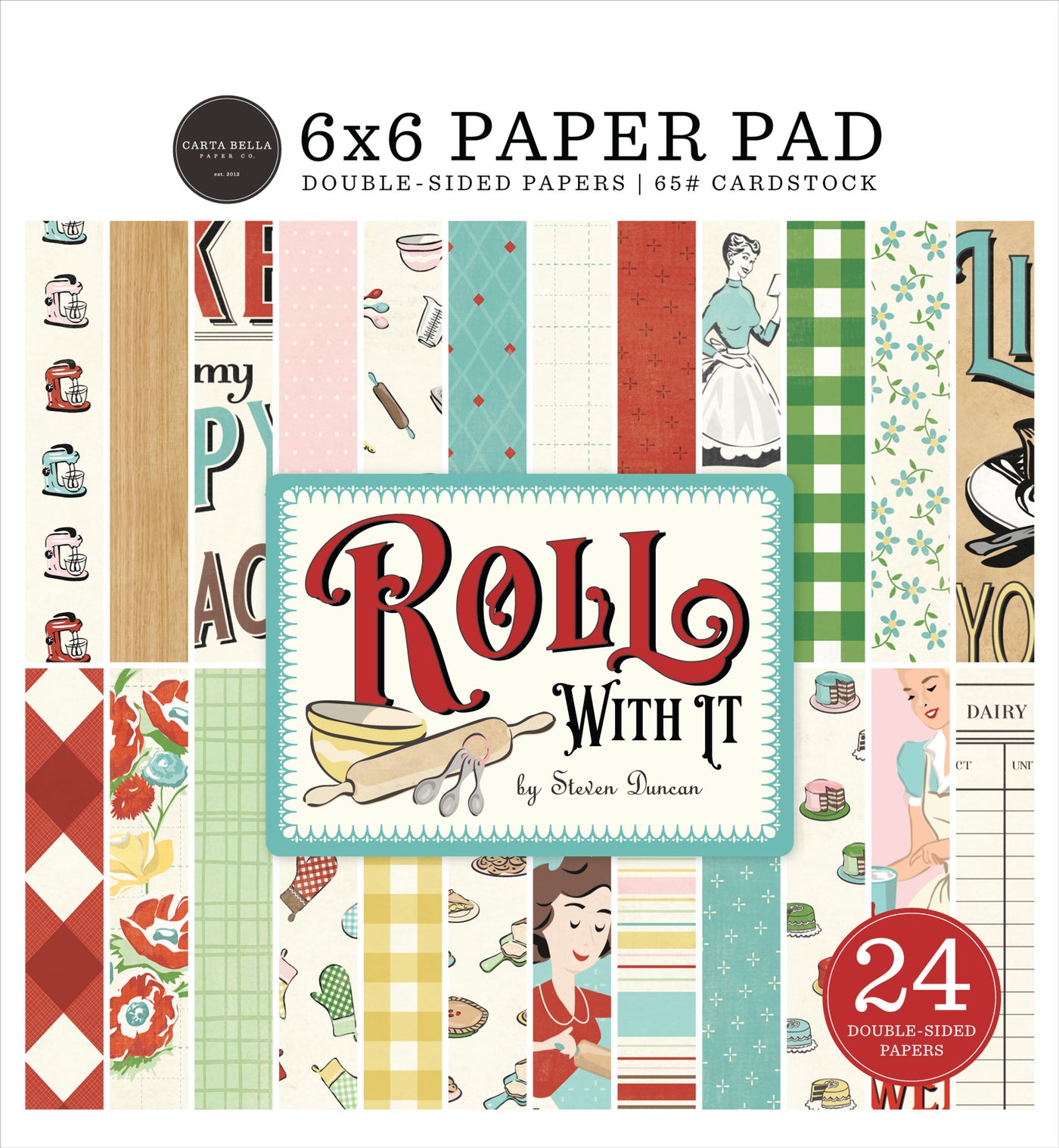 ROLL WITH IT 6x6 Paper Pad from Carta Bella - 6x6 pad with 24 double-sided sheets. Scaled-down images are great for card making and similar crafts. 