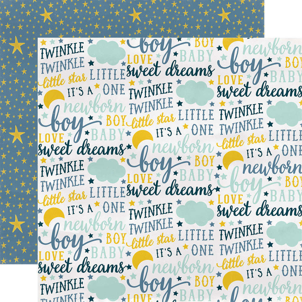 ouble-sided 12x12 patterned cardstock. (Side A - phrases and imagery appropriate for baby boy shower or announcements, Side B - various sized yellow stars on a denim blue background) 80 lb cover.