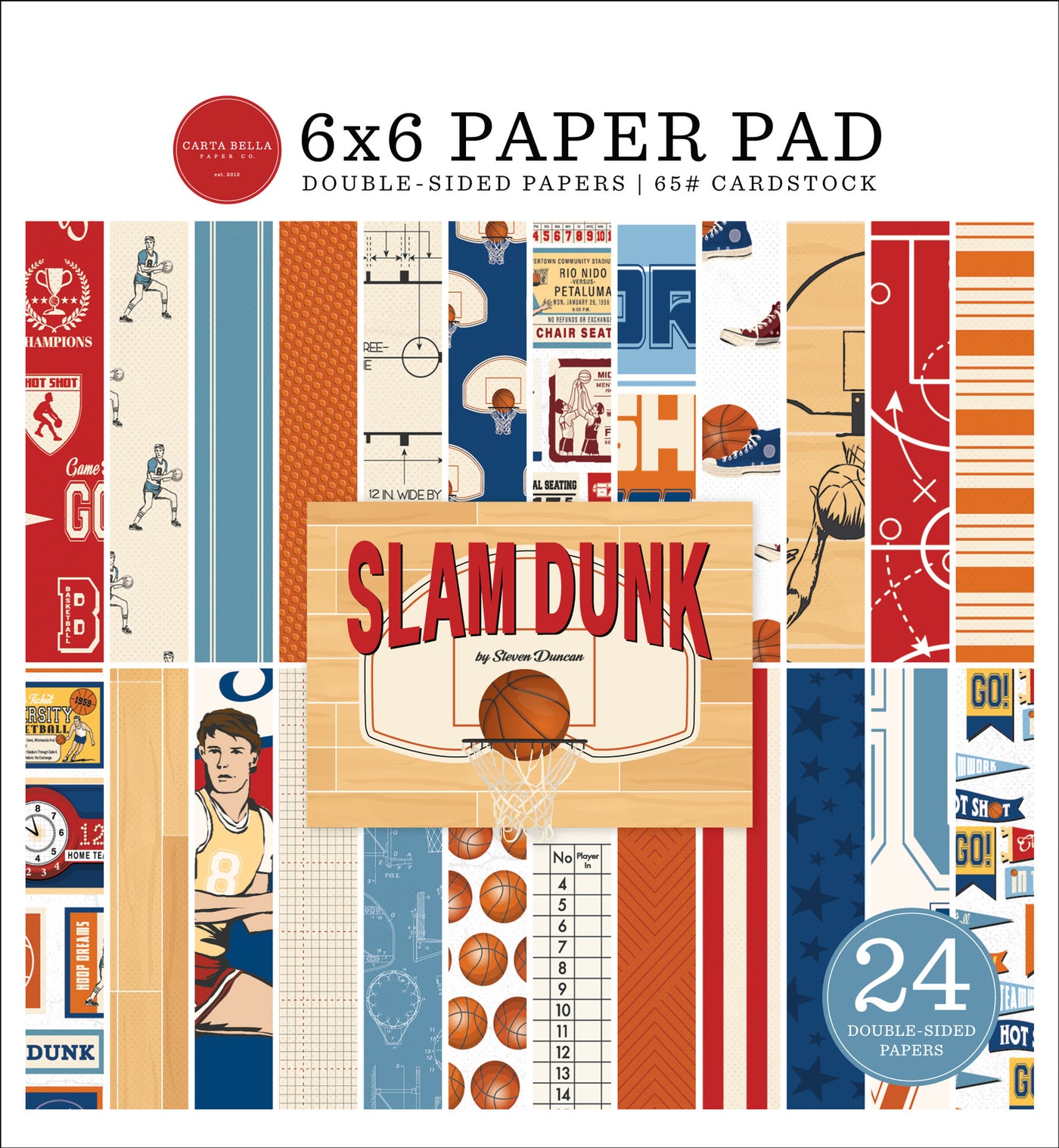 6x6 pad with 24 double-sided sheets. Scaled-down images are great for card making and similar crafts. This pad features basketball prints and colors.