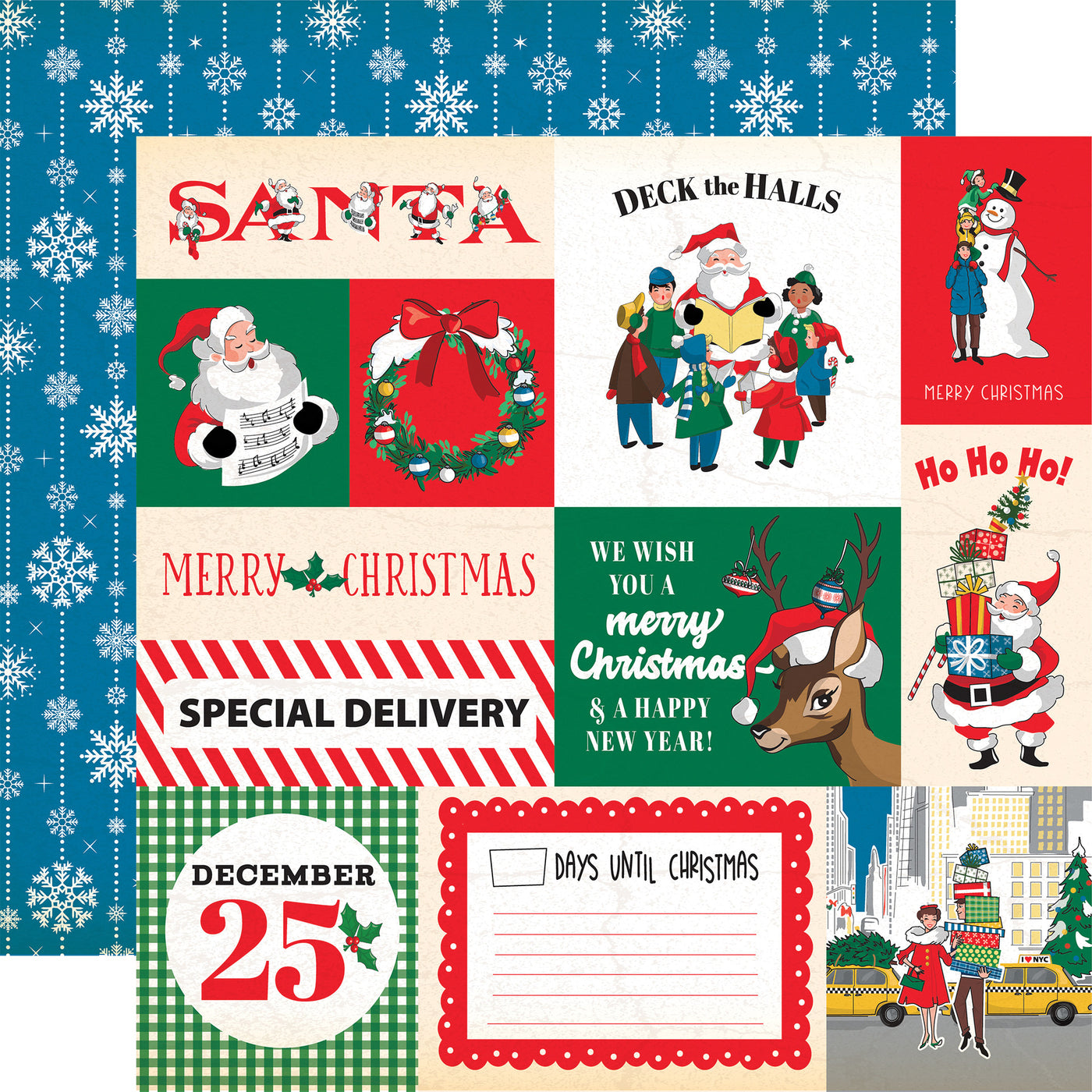 Collection of Christmas-themed cards with Santa Claus, reindeer, and holiday decorations with a blue snowflake-patterned background reverse.