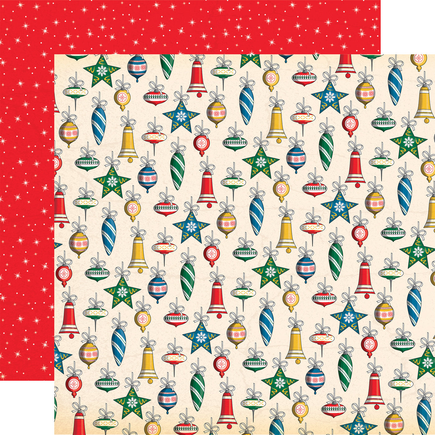Patterned paper with Christmas ornaments with a red twinkling star pattern reverse.