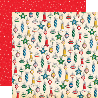 Patterned paper with Christmas ornaments with a red twinkling star pattern reverse.