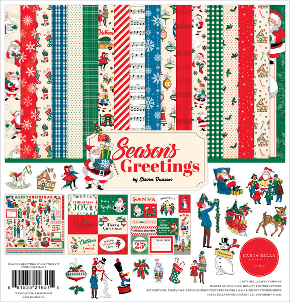 Collection Kit for paper crafts includes 12 double-sided papers with beautiful Christmas colors and themes. Element sticker sheet included.  80 lb felt cardstock.