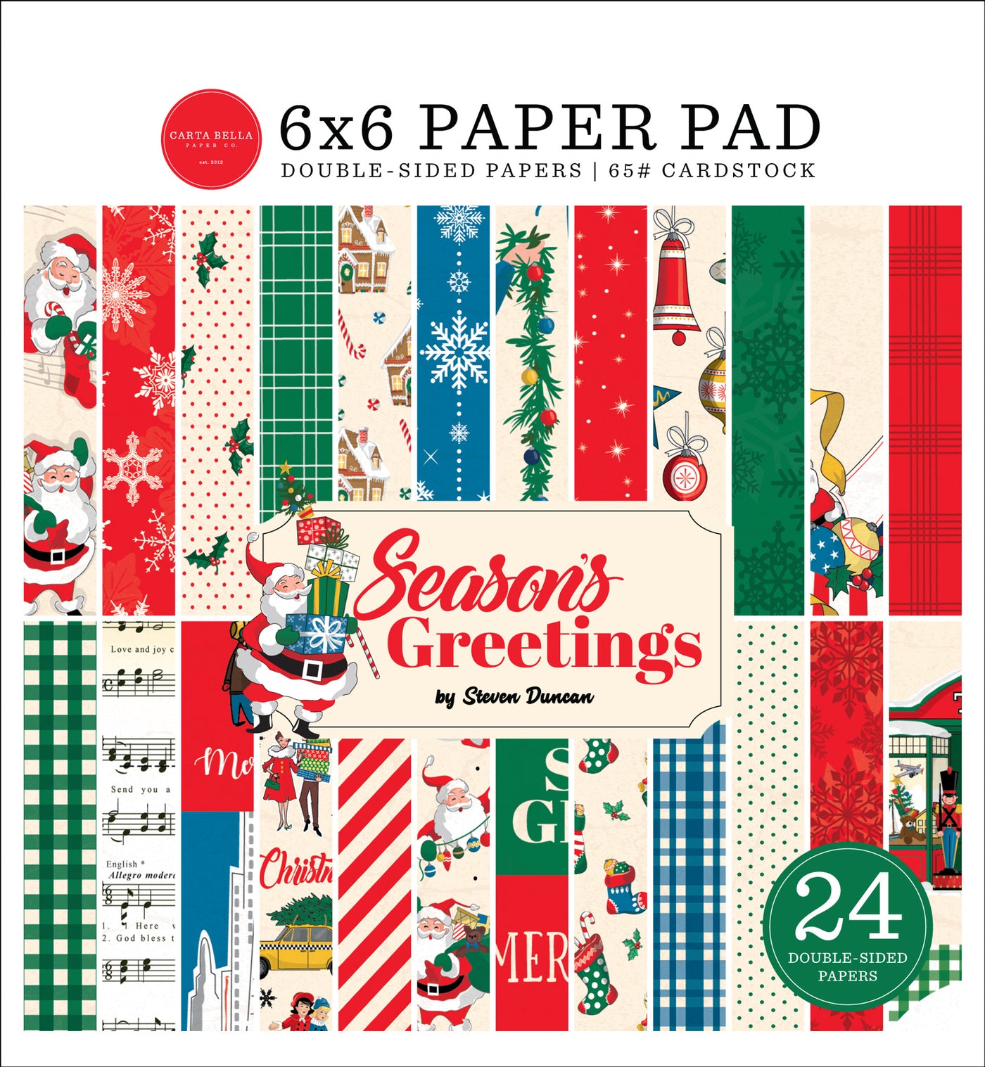 SEASON'S GREETINGS 6x6 Paper Pad from Carta Bella - 6x6 pad with 24 double-sided sheets. Scaled-down images are great for card making and similar crafts. Pad has a brightly colored Christmas theme with gingerbread!