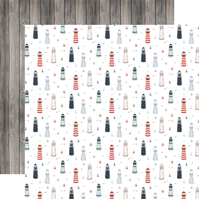 Pattern of lighthouses on a white background with a wooden surface reverse.