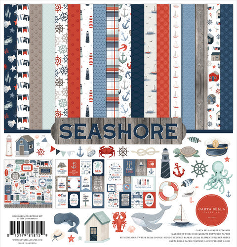 The SEASHORE 12x12 Collection Kit by Carta Bella is a must-have for all your ocean-themed crafting projects. Dive into a sea of creativity with this stunning collection that features 12 double-sided patterned papers, a coordinating sticker sheet, and decorative chipboard accents.