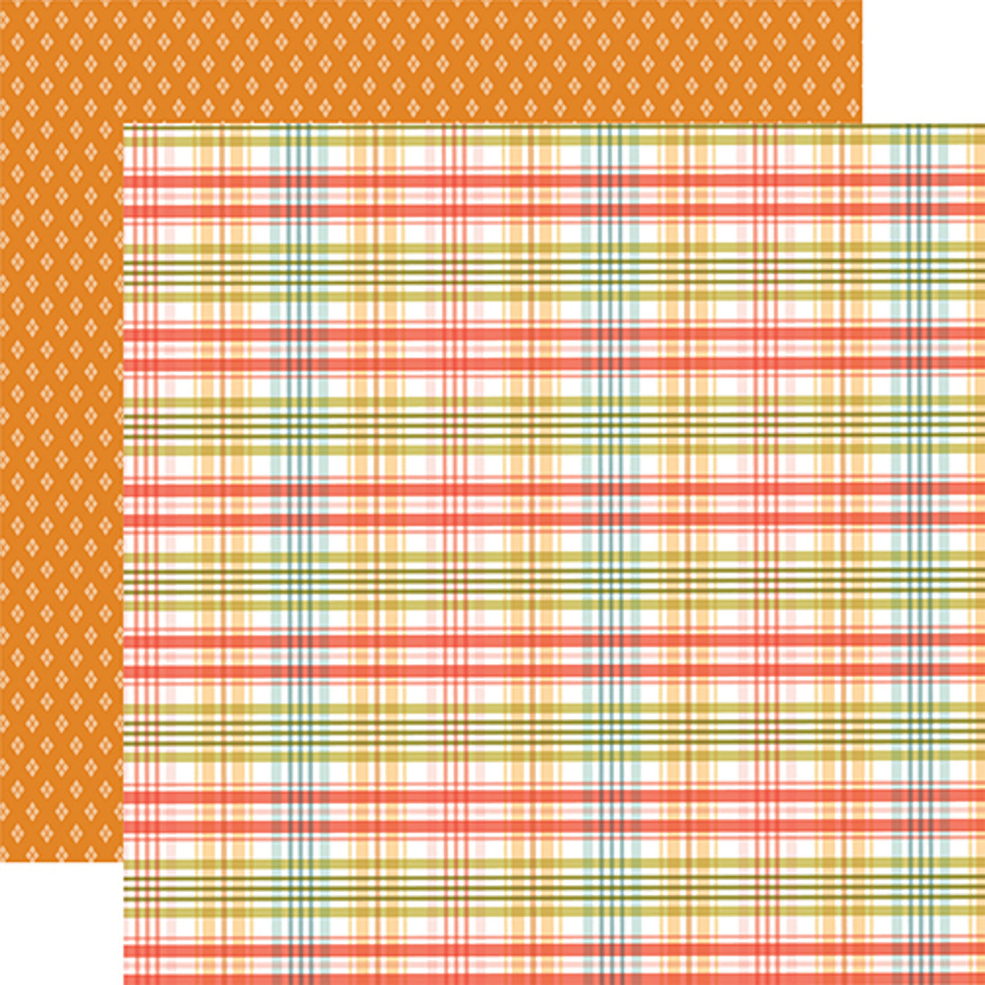 This archival-quality 12x12 double-sided paper is full of possibilities. (Side A—orange, yellow, green, and blue plaid; Side B—yellow diamond pattern on an orange background). Made from acid-free materials, this paper is perfect for preserving your creations for years to come.