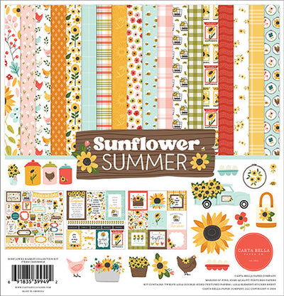 SUNFLOWER SUMMER 12x12 Collection Kit by Carta Bella - Collection Kit for paper crafts with 12 double-sided papers featuring a beautiful sunflower theme. Includes 12x12 elements sticker sheet—archival quality.