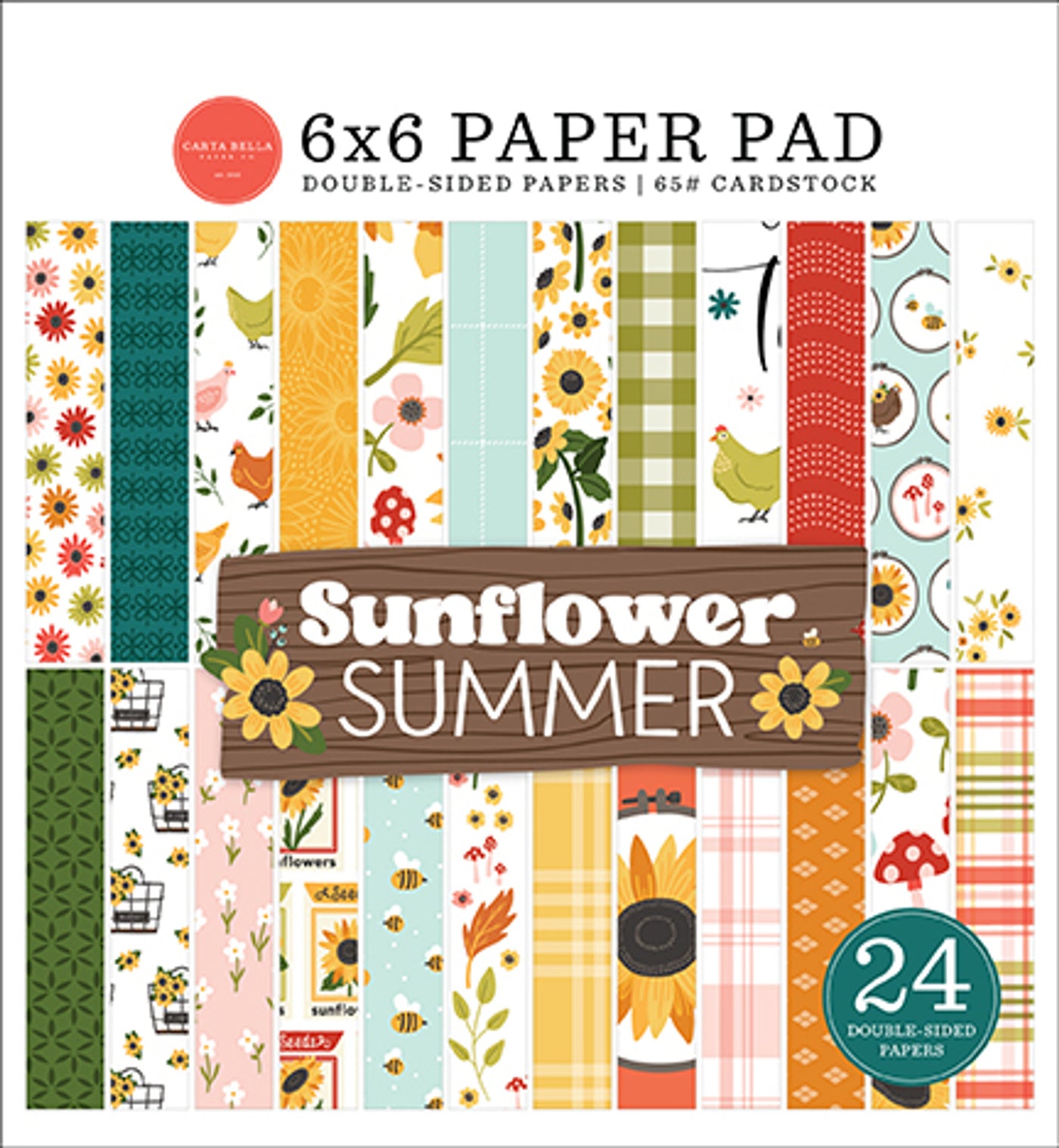 6x6 Sunflower Summer pad with 24 double-sided sheets. Great for summertime card making and other happy craft projects. From Carta Bella Paper Co.
