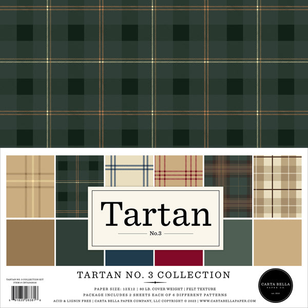 TARTAN No. 3 - 12x12 Paper Pack by Carta Bella - 12 double-sided sheets in six classic tartan plaid patterns. 2 sheets for each pattern. 12x12 inch. 80 lb. Felt texture.