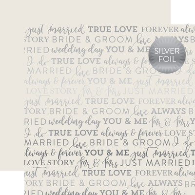SILVER FOIL GREY TRUE LOVE 12x12 Cardstock by Carta Bella Paper - 12x12 cardstock with silver foil wedding words pattern from Carta Bella Paper Co. Great enhancement for paper crafting, archival-safe and acid-free.