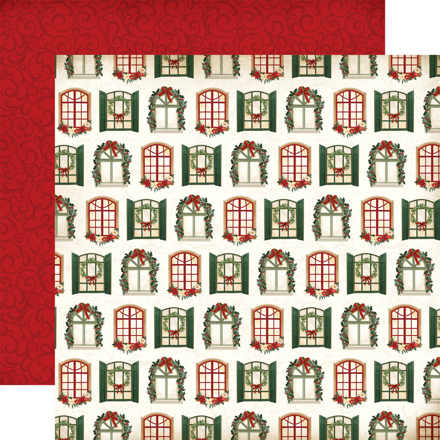 Double-sided 12x12 cardstock with red and green windows; the reverse is red swirls on a red background. 80 lb cover. Felt texture.