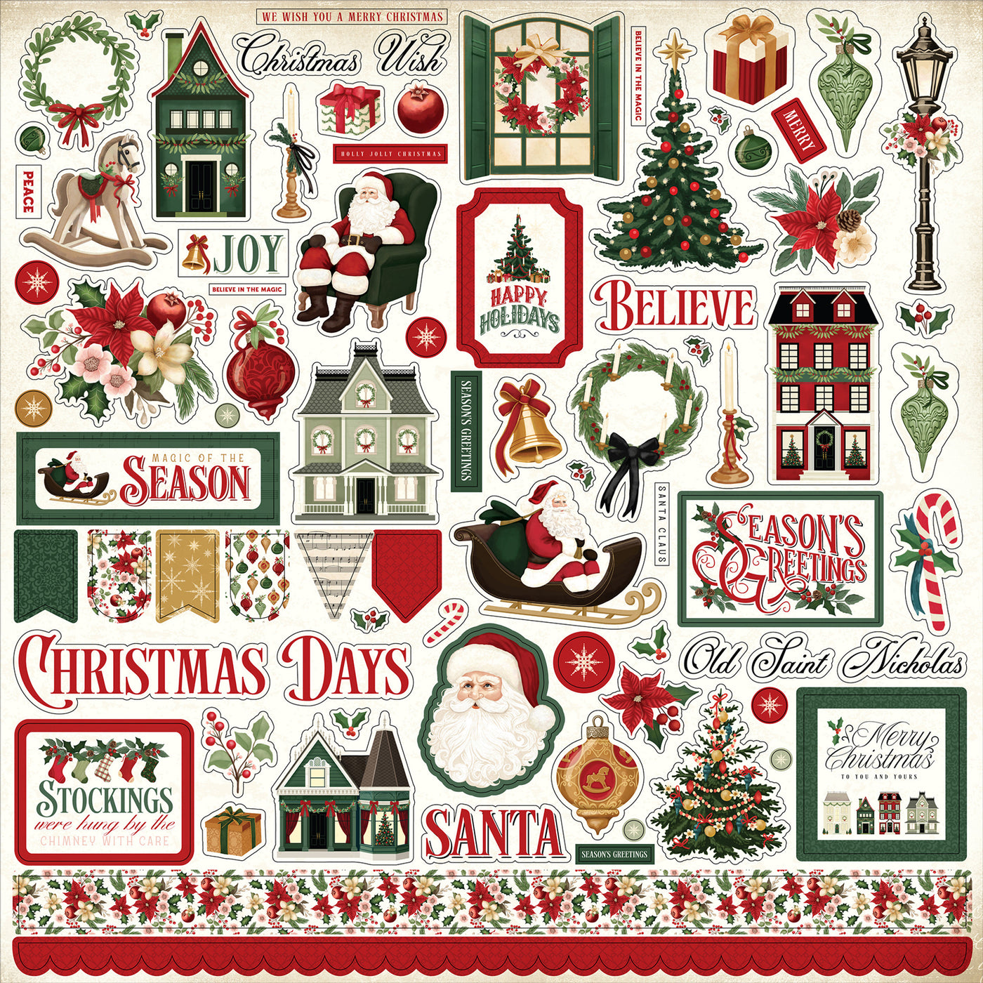 Christmas Elements 12" x 12" Cardstock Stickers from A Vintage Christmas Collection. The package includes one sheet of cardstock stickers with phrases and images of Christmas, Santa, poinsettias, borders, banners, tags, and more. 