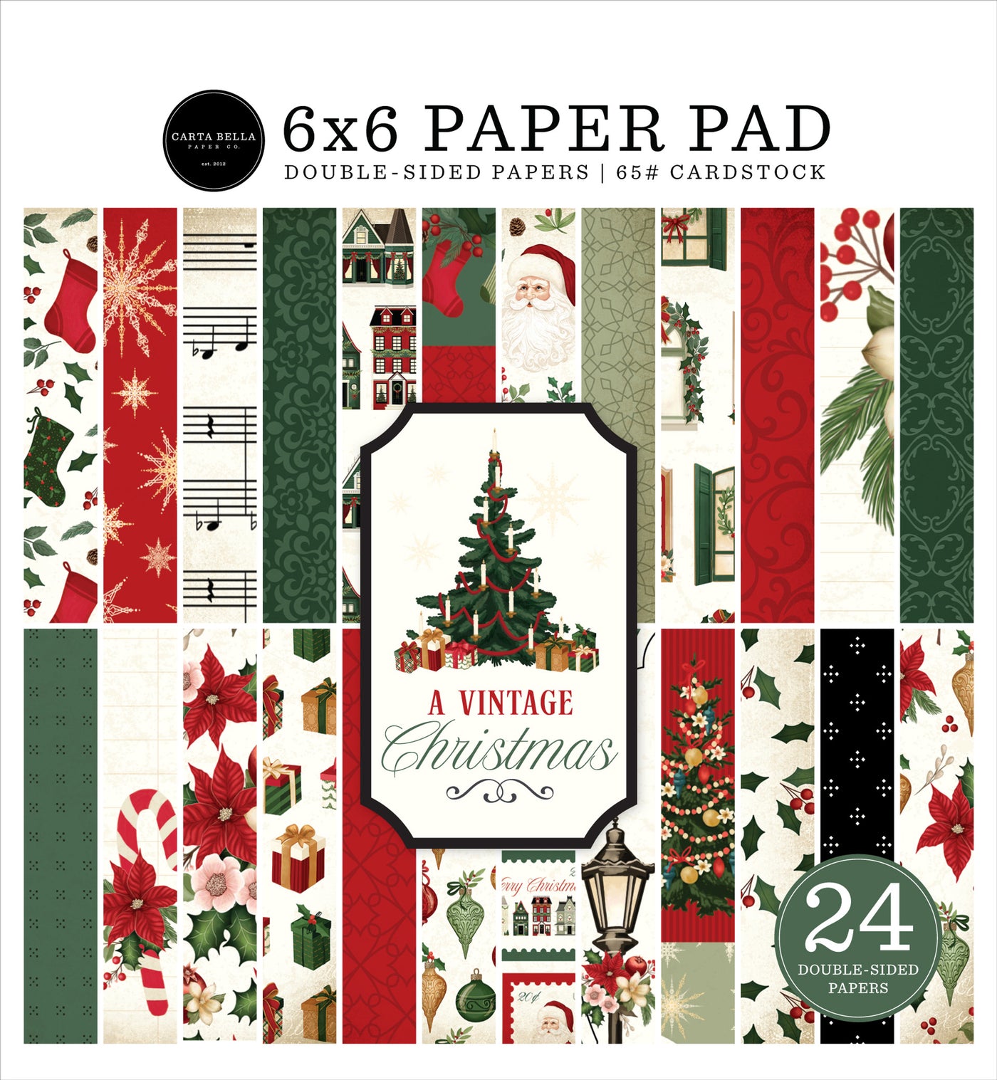 A VINTAGE CHRISTMAS 6x6 Paper Pad from Carta Bella - 6x6 pad with 24 double-sided sheets. Scaled-down images are great for card making and similar crafts. Pad has classic colored Christmas theme with a vintage style.