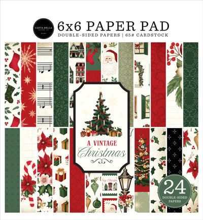 A VINTAGE CHRISTMAS 6x6 Paper Pad from Carta Bella - 6x6 pad with 24 double-sided sheets. Scaled-down images are great for card making and similar crafts. Pad has classic colored Christmas theme with a vintage style.