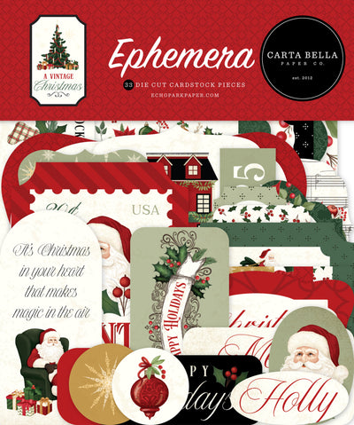 A Vintage Christmas Ephemera Die Cut Cardstock Pack. Pack includes 33 different die-cut shapes ready to embellish any project. Package size is 4.5" x 5.25"