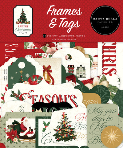 A Vintage Christmas Frames &amp; Tags Die Cut Cardstock Pack. Pack includes 33 different die-cut shapes ready to embellish any project. Package size is 4.5" x 5.25"