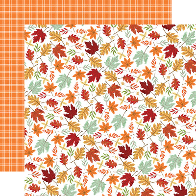 From Carta Bella, (Side A - leaves in fall colors on a cream background; Side B - orange background with plaid in cream)