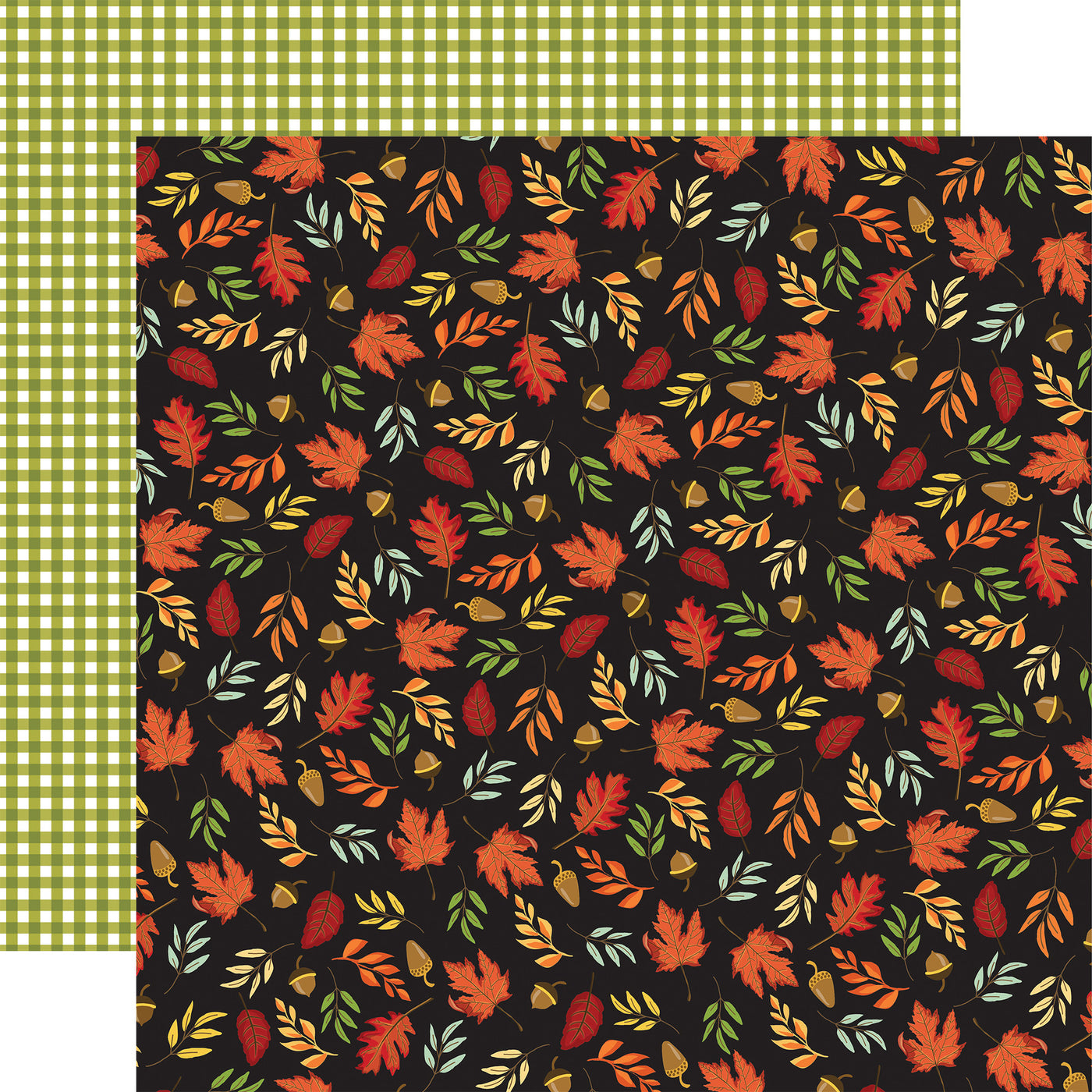 Patterned paper with autumn leaves on a black background, green and white gingham reverse.