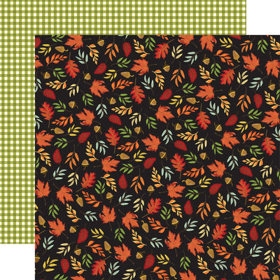 Patterned paper with autumn leaves on a black background, green and white gingham reverse.