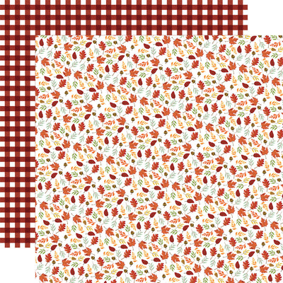 Two-sided patterned paper with autumn leaves and a red checkered pattern on the reverse.