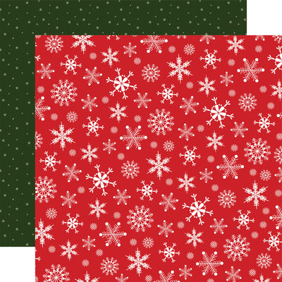 Double-sided 12x12 cardstock with white snowflakes on a red background; the reverse is tiny white snowflakes on a forest green background. 80 lb cover. Felt texture.