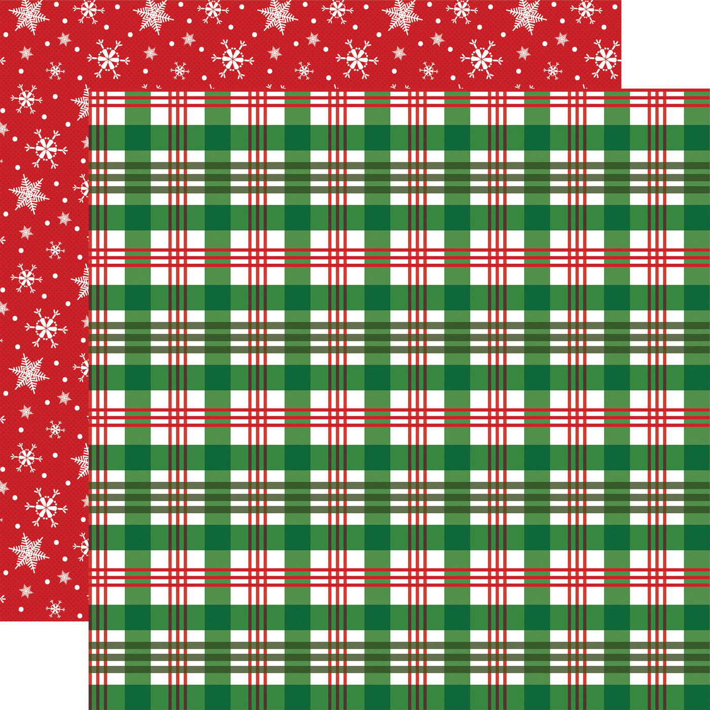Double-sided 12x12 cardstock with red and green plaid; the reverse is white snowflakes on a red background.
