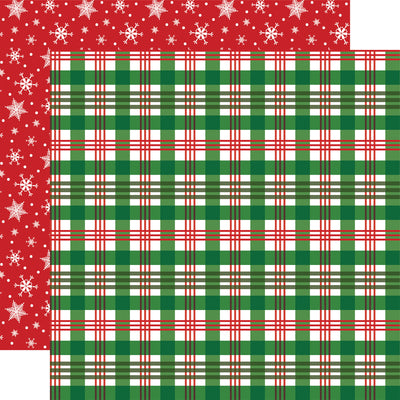 Double-sided 12x12 cardstock with red and green plaid; the reverse is white snowflakes on a red background.