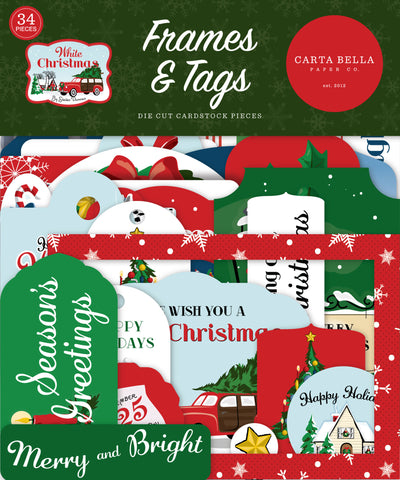 White Christmas Frames & Tags Die Cut Cardstock Pack includes 34 die-cut shapes ready to embellish any project.
