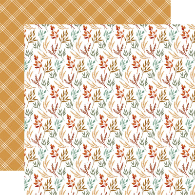 Patterned paper with autumn leaves on a white background, with a plaid orange background.