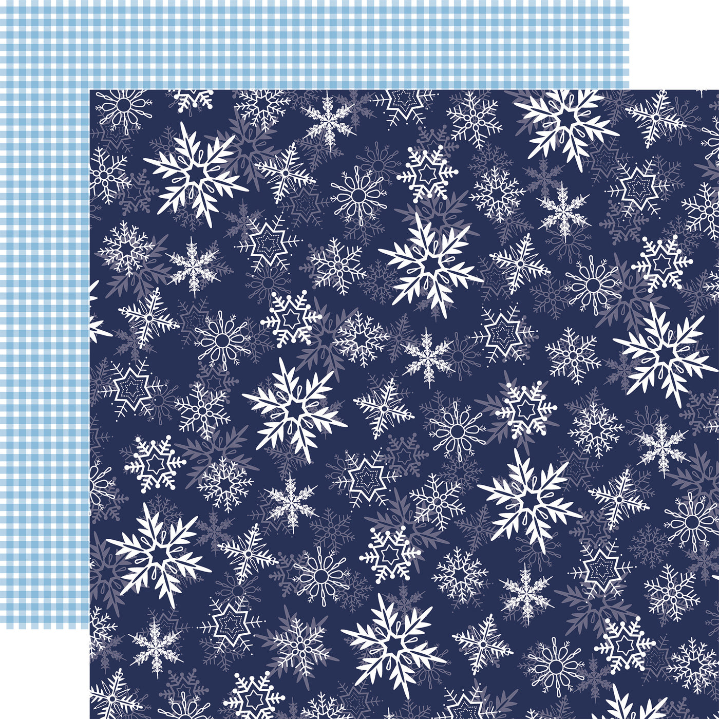 This is double-sided 12x12 cardstock with white snowflakes on a navy blue background; the reverse is light blue gingham. 80 lb cover. Felt texture.