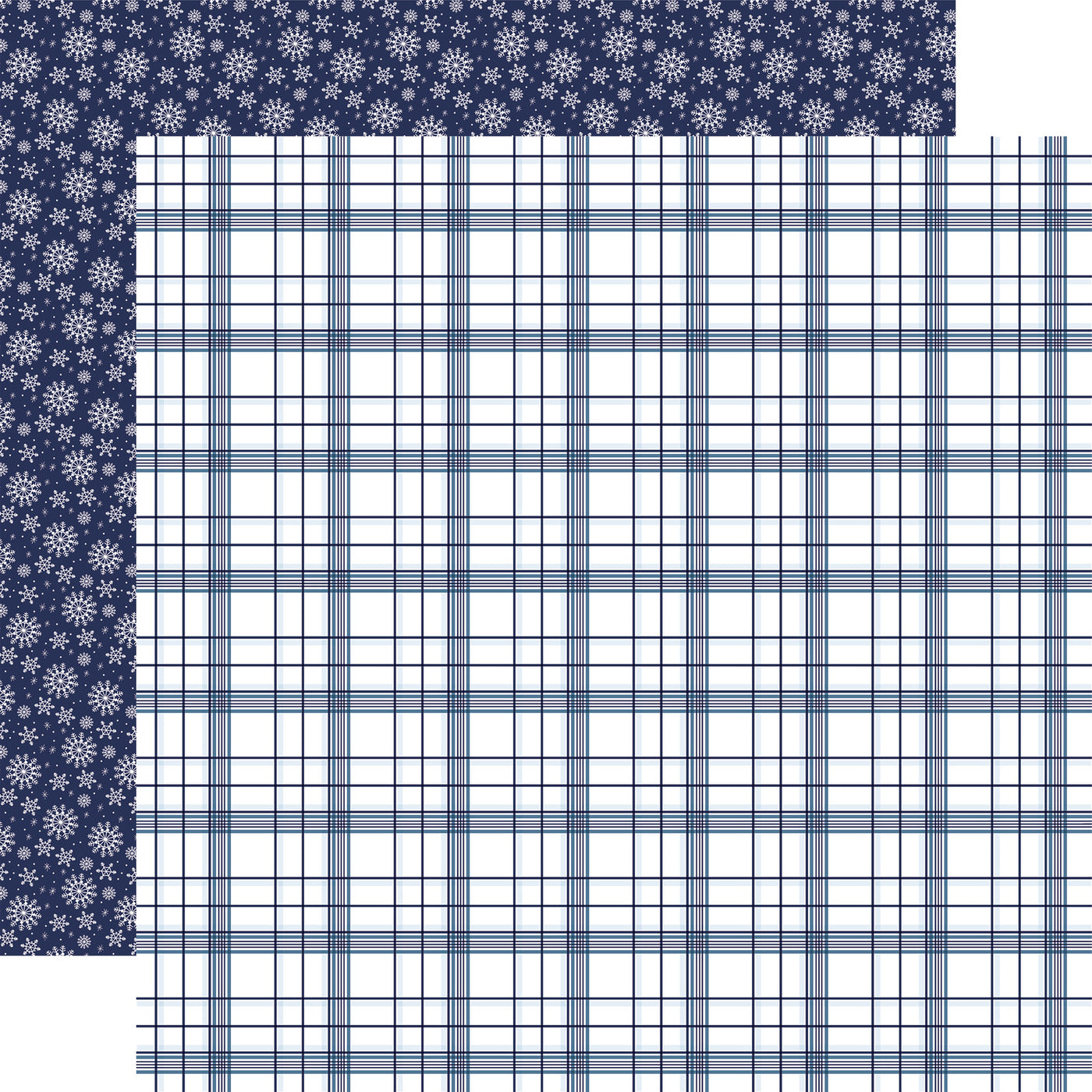This is double-sided 12x12 cardstock with navy blue plaid on a white background; the reverse is white snowflakes on a navy blue background. 80 lb cover. Felt texture.