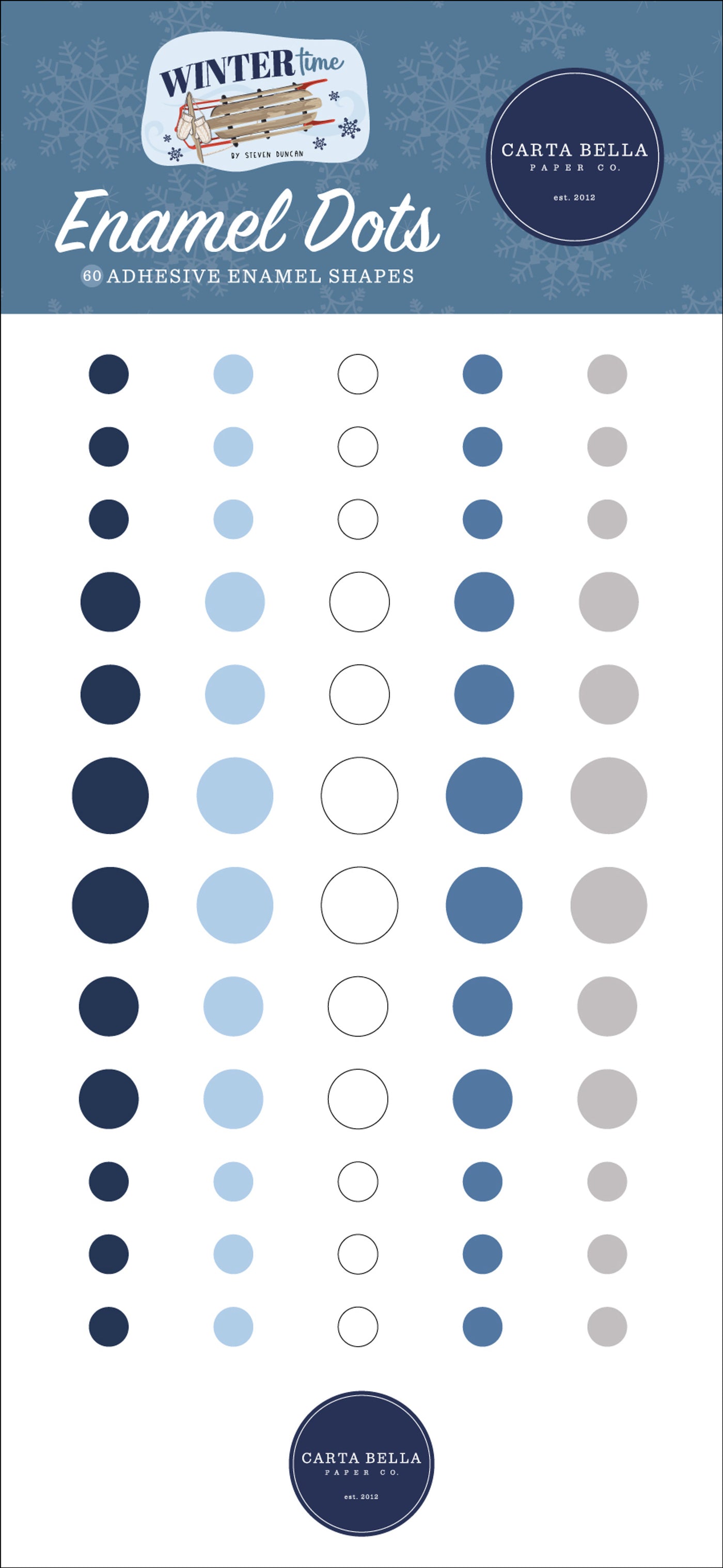 Sixty enamel dots in blue shades, one white, and one gray shade. Adhesive back. They are designed to coordinate with the Wintertime Collection by Carta Bella.