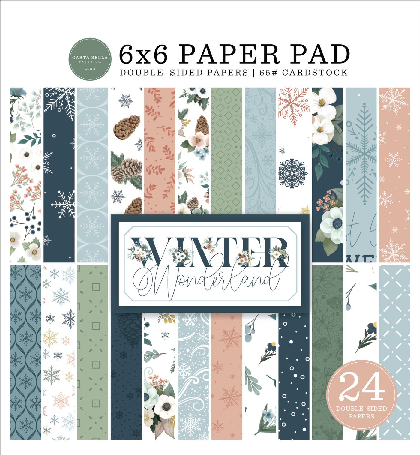 6x6 pad features a winter theme in icy blues and whites; fun for cards and papercrafts; includes 24 double-sided pages- Echo Park